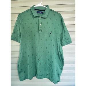Nautica Men's Green and Navy polo Anchor AOP size large. 100% cotton